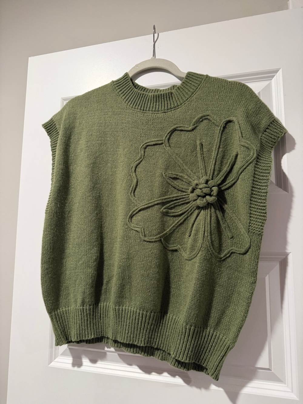 Olive Green Floral Applique Knit Sweater Vest